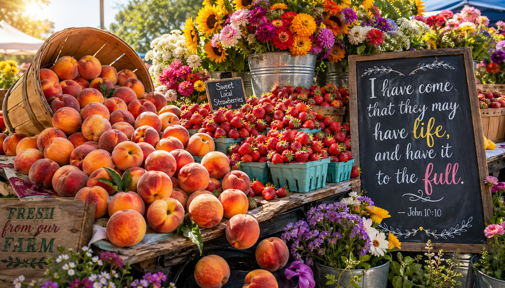 Farmers market table overflowing with peaches strawberries flowers in buckets, abundance that cannot be contained, morning sun vivid color, text I have come that they may have life and have it to the full John 10:10 -- HD wallpaper